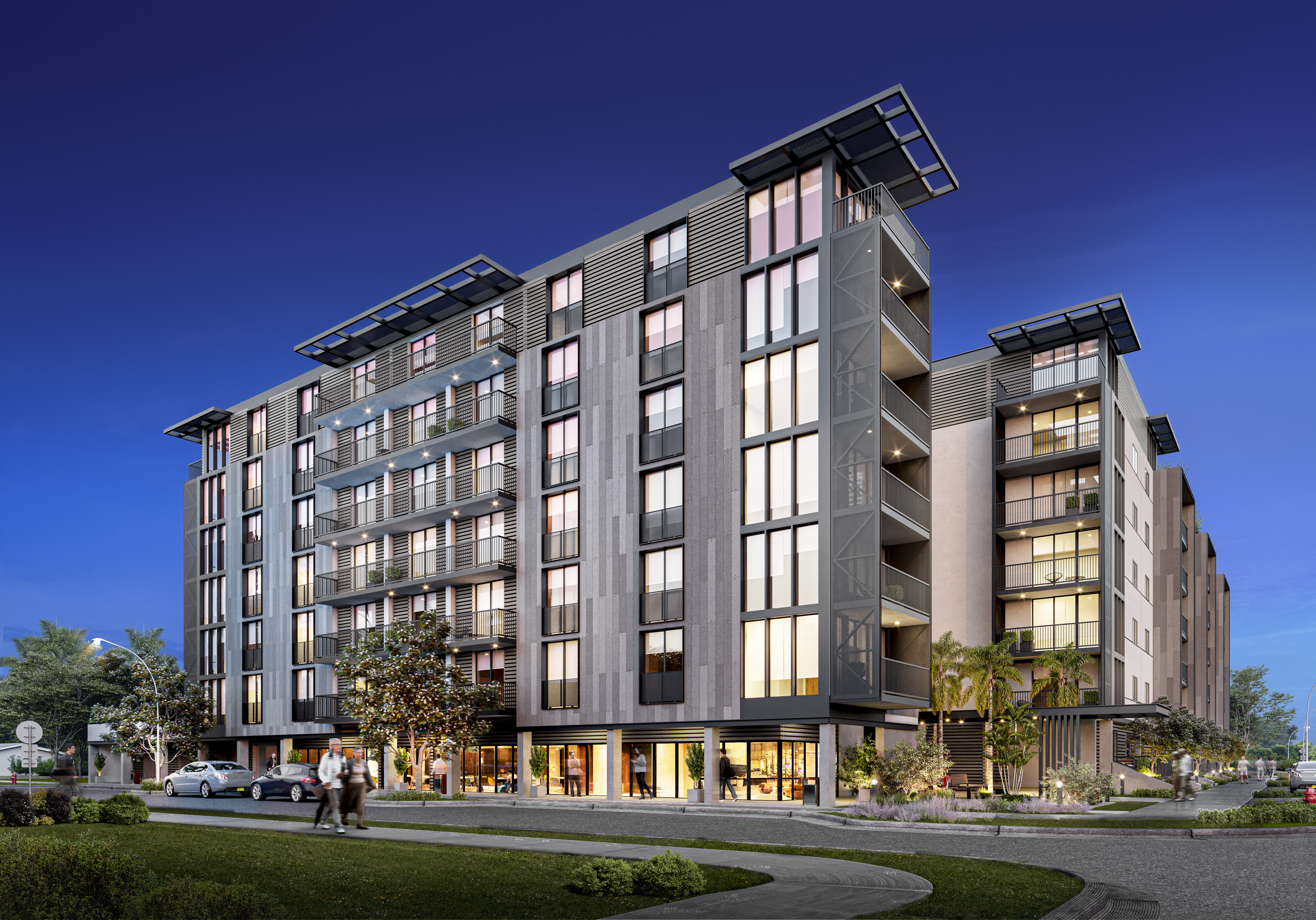 a rendering of an apartment building on a city street